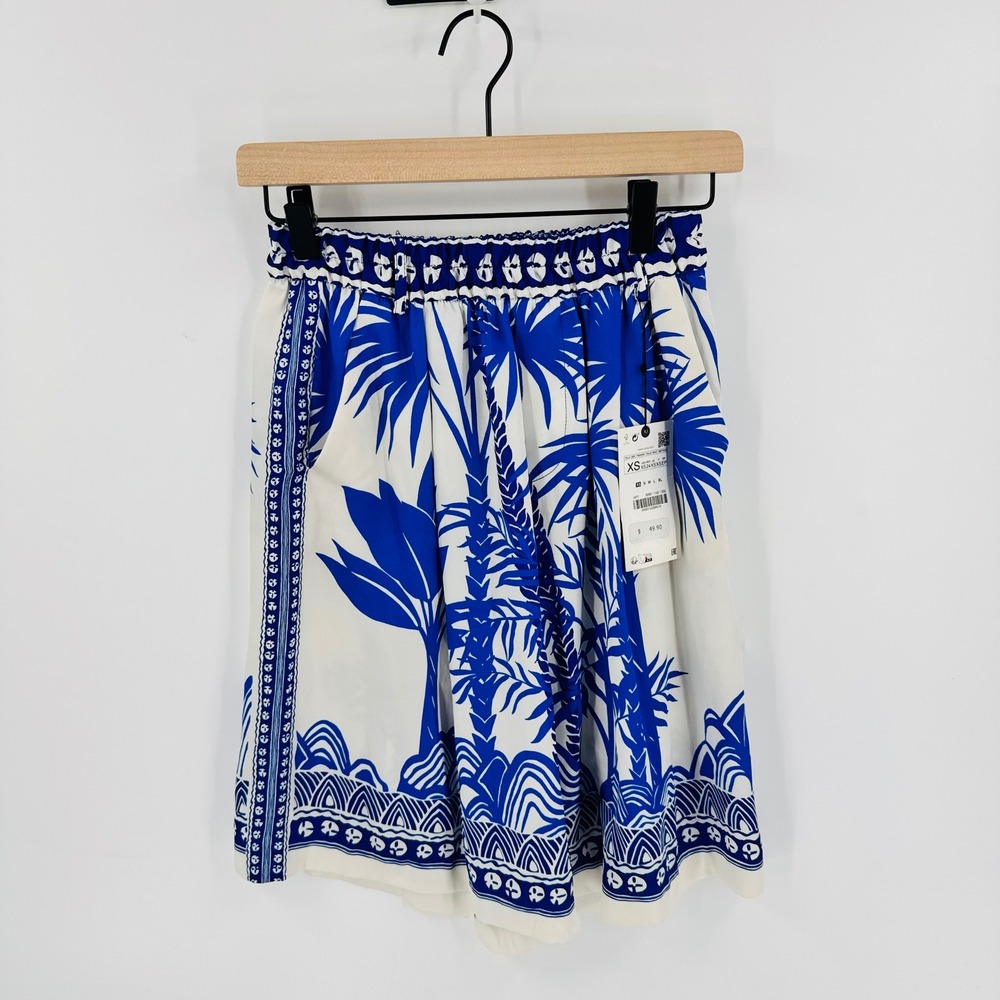 Zara Tropical Palm Print Shorts Blue White XS High Waist Coastal Resorwear NWT